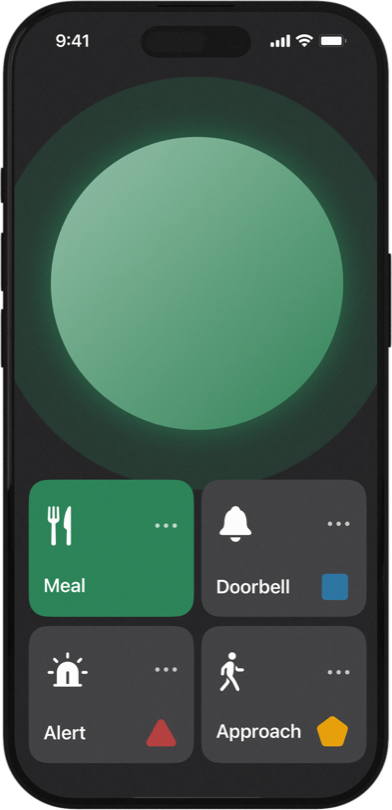 Alight! signalling a Meal alert, with the lights flashing green